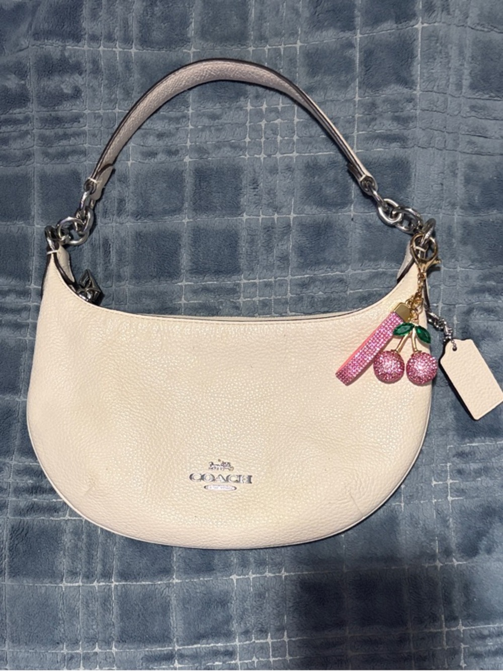 COACH Cream Leather Hobo Shoulder Bag with Pink Cherry Charm
